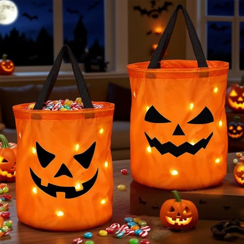 2 Stück Halloween Kürbis Candy Bag,LED Eimer für Süßigkeiten,Süßigkeiten Tasche,Leuchtende Halloween-Partytüten,Tüten für süßigkeiten für Kinder halloween Party
