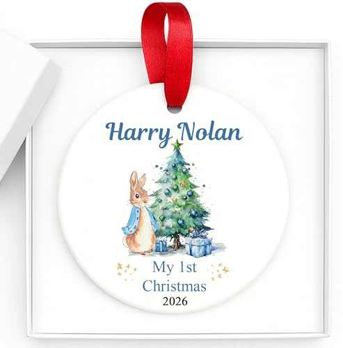 Personalised First Christmas Baby Blue Bunny - First Christmas Ornament Boy - First Christmas Bauble - Babies First Xmas Tree Decoration - Custom Baby Boy Name Gift Keepsake