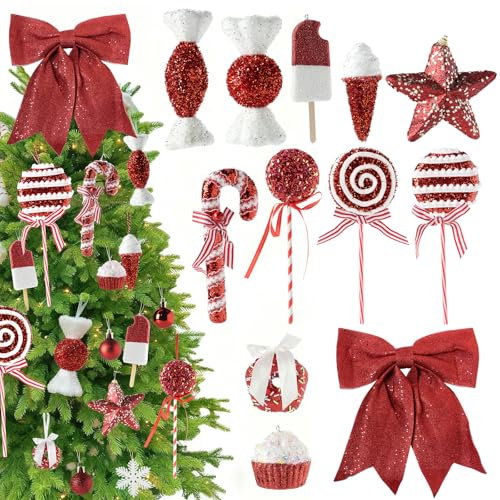 RumonZS 12 Stück Rot Weihnachts Zuckerstangen Donuts Cupcakes Eiscreme Schleifen Ornamente für Candy Christmas Deko Weihnachtskugeln Deko Lutscherbaumschmuck für Weihnachten
