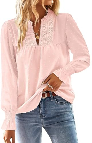 TUUHAW Womens Autumn Tops Sexy Smocked Babydoll Bohemian Blouse V Neck Flowy Chiffon Top with Lace Edges Long Sleeves Boho Office Work Tunic for Going Out in Winter Season Light Pink M
