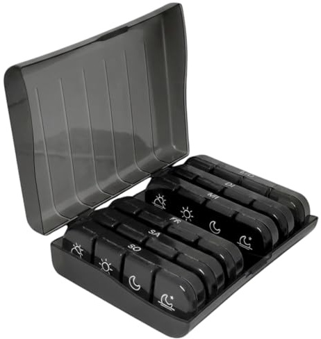 Frohbach 7 Tage Tablettenbox Schwarz mit 4 Fächern - Seniorenfreundliche Medikamentenbox für 1 Woche, BPA Frei, perfekt für unterwegs & Zuhause - Morgens, Mittags, Abends, Nachts