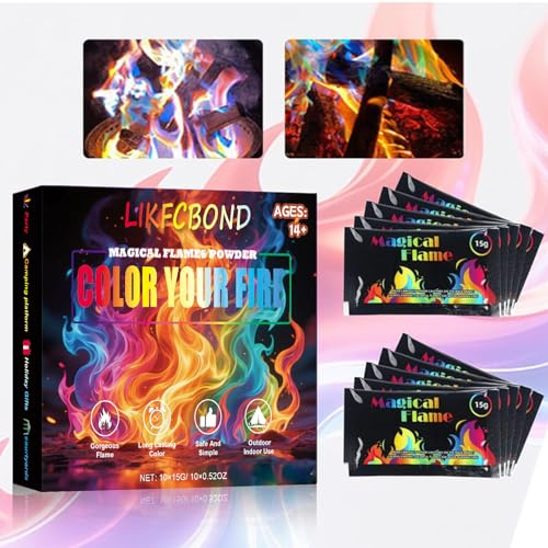LIKFCBOND Magic Fire Colours, 10 Pack 15 g Fire Colour Powder, Fire Colour Changing Powder, Magic Flames in Fire Bowl, Colourful Colour Changing Fire Colour Powder Set for Camping, Parties, Campfire
