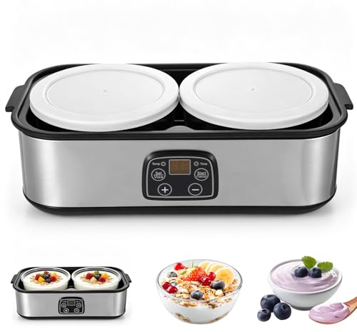Automatisk yoghurtberedare och yoghurtmaskin, 2 000 ml yoghurtmaskin med 2 glasbehållare, justerbar temperatur och 48 h timer för yoghurt gör själv, ekologisk yoghurt, ost, natto