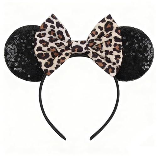 Black Leopard Print Mickey Ears,Mickey Mouse Ears Headband,Sequin Ears-Headband with Leopard Bow,Glitter Party Hair Decoration for Women Girls,Fancy Dress Costume Head Band Christmas Birthday Party