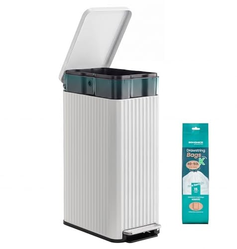 SONGMICS Mülleimer Küche, 50 L Tretmülleimer, Softclose, aus Stahl | Abfalleimer mit Pedal, mit Deckel, herausnehmbarer Inneneimer, 15 Müllbeutel, weiß, PATIA Kollektion LTB350WZ02