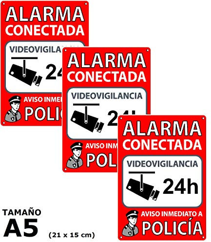 Pack de 3 Carteles Alarma Conectada | Placas Disuasorias A5 Interior/exterior Pvc Flexibles | Lote de 3 Carteles Aviso a la Policía | Zona Vigilada