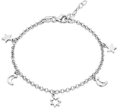Amberta Bracelet de Cheville avec Breloques pour Femme en Argent Sterling 925/1000: Lunes et Etoiles - 22 + 4 cm