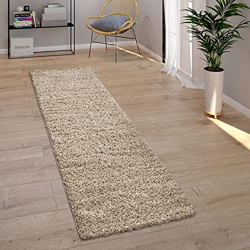 Paco Home Teppich Wohnzimmer, Schlafzimmer/Hochflor Shaggy in versch. Designs Farben und Größen, Grösse:70x250 cm, Farbe:Beige 5