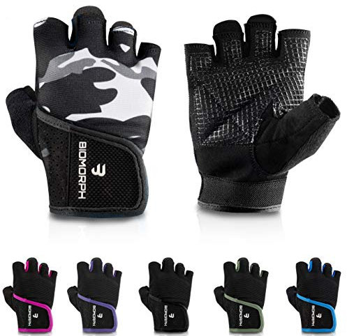 BIOMORPH Trainingshandschuhe für Damen und Herren I Fitness Handschuhe für Krafttraining, Bodybuilding, Crossfit (Grey Camo, 15,5cm - 17,5cm - XS)
