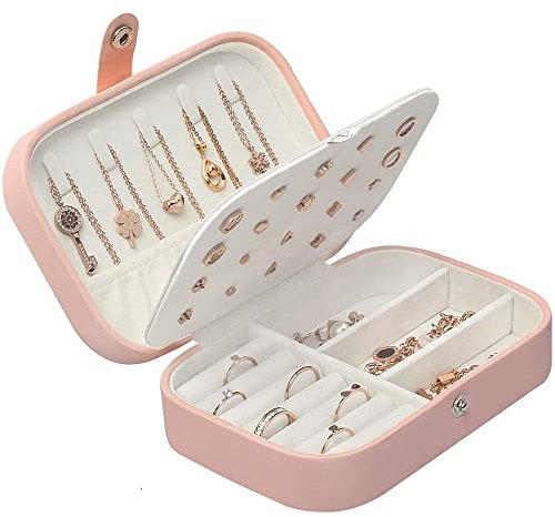 Chelory Jewellery Box Small Jewellery Organiser Travel Jewellery Case Storage for Women Girls, Premium PU Leather Double Layer Jewelry Boxes Organiser for Rings Earrings Necklace Bracelets, Pink
