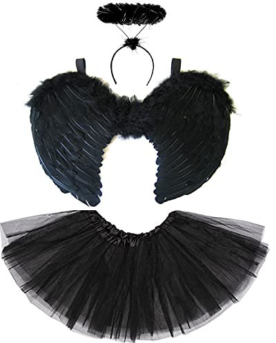 Disfraz de Ángel Caído Negro- Disfraz con Alas de Ángel Negro, Diadema con Halo y Tutú - Disfraz de Demonio para Mujer - Disfraz de Halloween, Carnaval y Fiestas de Disfraces (Negro)
