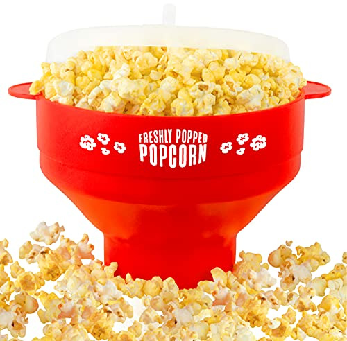 Silicone Microwave Popcorn Popper with Handles - Popcorn Maker - Collapsible Popcorn Bowl - BPA Free - Dishwasher Safe Silicone Popper - Reusable Microwave Popcorn Maker - (Red) - Stock Your Home
