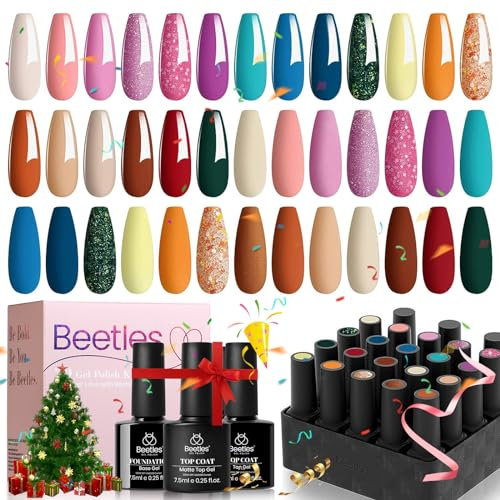 Beetles Gel Nail Polishes- 20 Pcs Gel Nail Polish Retro Beloved Set, Nail Gel Polish Starter Kit with Nail Art Liner Brush and Glossy Matte Top Coat Base Coat Soak Off Valentines Nail Art
