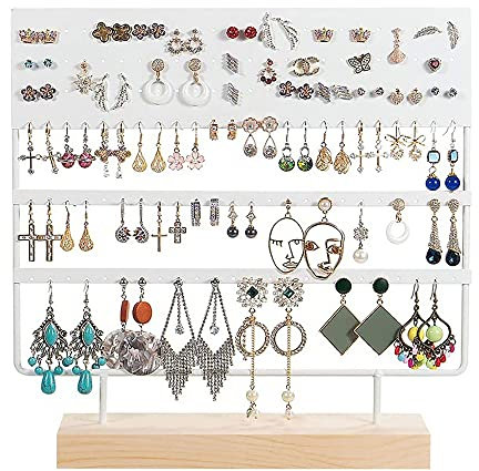 Homeanda Organisateur de bijoux avec base en bois, support pour boucles d'oreilles suspendues, 144 trous (Blanc)
