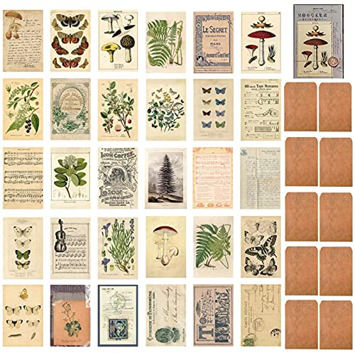 DTMEFJ 40 Stück Vintage Postkartenmaterial Papier Set, Floral Retro Pflanze Pilz Schmetterling Old Time Memory Brief Noten Postkarten DIY Kartenpapier zum Basteln