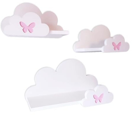 MOLILAND 3er Set Wandregal Kinderzimmer | Babyzimmer Wolkenregal für Bücher, Spielzeug, Dekoration | Regal Wolke | Skandinavischen Stil | Moli mit Schmetterlingen - Premium