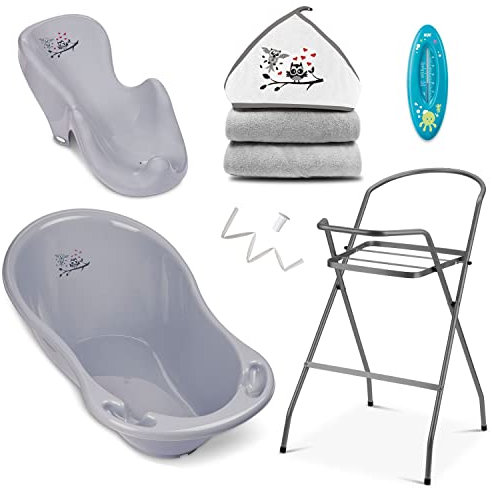 Babybadewanne mit Gestell, Bade Sitz, Kapuzenhandtuch, Thermometer und Abfluss – 6-teiliges Baby Wannen Set aus BPA freiem Plastik – Set für Neugeborene
