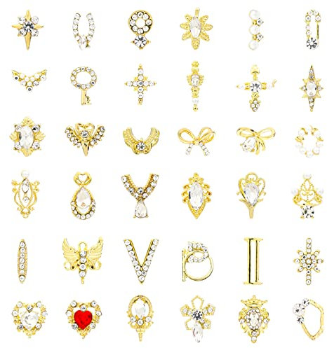 MWOOT 36 Stücke 3D Nagel Charms, Bling Strass Nagel Kunst Dekorations Kit, Herz Perle Metall Edelsteine Steine Kristall Gold Nagelstecker Zubehör für DIY Frauen Mädchen Maniküre Salon Nägel Dekoration