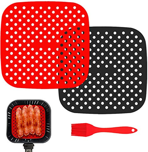 XPOOP 2 Stück Airfryer Liners Wiederverwendbare Luftfritteuse Einsätze, Silikon-Konstruktion, Silikon, Luftfritteuse Matten, Quadratisch, Rot