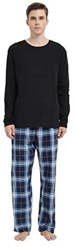 GLOBAL Pigiama Uomo Flanella Cotone Lungo Pigiami Pezzi Girocollo Invernale Abbigliamento da Notte Traspirante Confortevole e Caldo T-Shirt Nero, Pantaloni Griglia Blu Scuro L