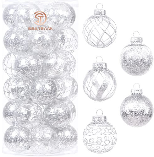 Sea Team 60mm/2.36 Shatterproof Clear Plastic Christmas Ball Ornaments Set with Glitter Painting, Transparent, See-Through, Crystal Baubles, Xmas Tree Decorations (30 Counts, Silver)