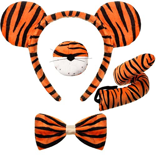 Aoriher 4 Stück Tiger Kostüm Set Tigerohre Stirnband Schwanz Nase Fliege Tier Kostüm für Halloween Cosplay Party(Netter Stil)