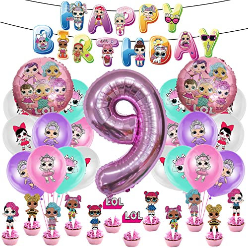 feier Dekoration Set 54 pcs, Luftballons, Nummer 9 Ballon, ÜBerraschung Geburtstag Banner, ÜBerraschung Puppen Cupcake Topper, Kindergeburtstag Feier Deko