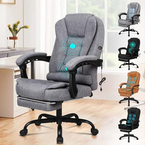 ELFORDSON Massage Office Chair for Home Office, Desk Chair 77 cm High Back 150° Recliner Tilt Function Padded Swivel Fabric, Grey