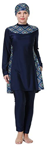 Bescheidene Bademode in Übergröße, für Damen und Mädchen, 3-teilig, muslimisch, bescheiden, Burkini, islamische Badeanzüge, langärmelig, Badeoberteil + Hose + Hijab, Marineblau mit Blumenmuster, 50