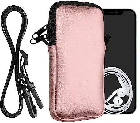 kwmobile Handytasche für Smartphones XXL - 7 - Neopren Handy Hülle Metallic Rosegold mit Kordel - Handy Tasche mit Handykette 17,7 x 8,5 cm Innenmaße