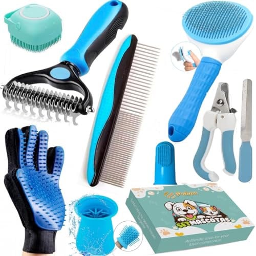 PUKPU Kit de Aseo para Mascotas de 9 Piezas - Incluye Cortauñas y Lima, Cepillo y Guante Quitapelos, Cepillo de Baño y Dientes, Limpia Patas, Cepillo Deslanador y Peine - Kit Cepillado Perro y Gato