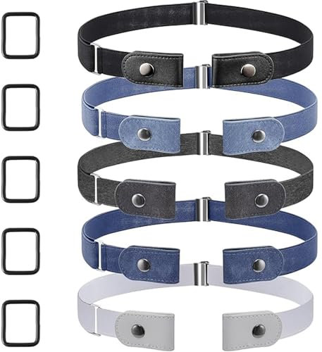 dogmoon No Buckle Elastic Belt for Women Men, 5PCS Adjustable Buckle Free Elastic Belt for Jeans Pants Dress(5 Colors)