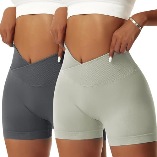 Vertvie Damen Gym Shorts V Cross Stretch Push Up Yoga Shorts Booty Scrunch Fitness Hosen Kurz High Waist Nahtlos Workout Sportshorts Butt Lift Kurze Leggings Sommer (Dunkelgrau/Grau Grün, M)