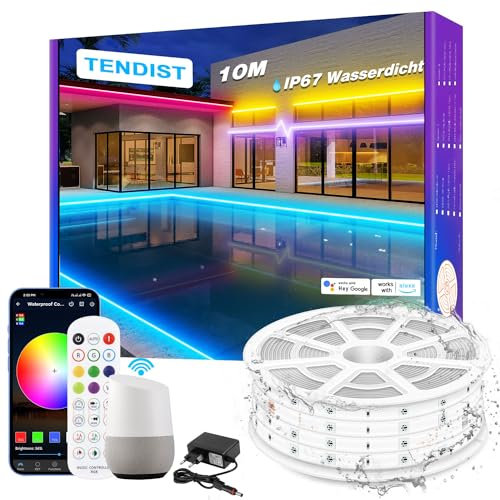 TENDIST 10M WiFi RGB LED Strip Wasserdicht, IP67 Led streifen Aussenbereich, 24V Outdoor LED Strip Musik Sync Alexa Kompatibel, LED Band Außen für Pavillon, Pergola, Outdoor Beleuchtung