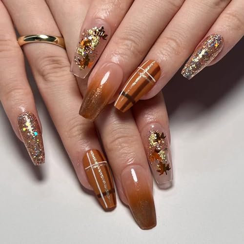 Fall Press on Nails Medium Length, French Tip False Nails Full Cover Coffin Fake Nails with Maple Leaf Glitters Design, Cute Autumn Stick on Nails Glossy Gradient Brown Acrylic Nails for Women Girls