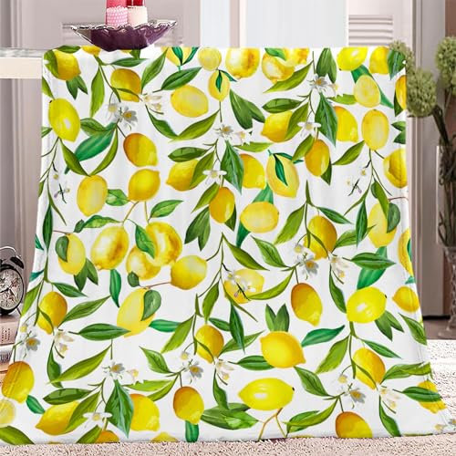 Kuscheldecke Gelb Zitrone Frucht GrüNe BläTter Flauschig Fleecedecke als Sofadecke Couchdecke Wohndecke Weiche & Warme Sofaüberwurf Decke 130 x 150 cm