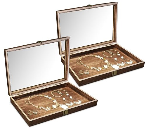 MOOCA 2 Pcs Wood Tempered Glass Top Jewelry Display Case Accessories Storage Box with Metal Clasp, Wooden Jewelry Tray for Collectibles, Pocket Knife Display Case, Brown Color