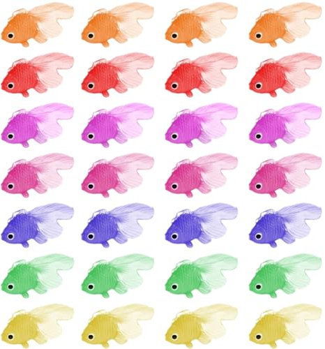 JTKREW 28 pcs Dehnbare Neon Fische Künstliche Schwimmende Fische Weiche Gummi Goldfische Spielzeuge Kleine Gefälschte Fische Ornament für Katzenspielzeug Aquarium Dekoration Party Mitgebsel
