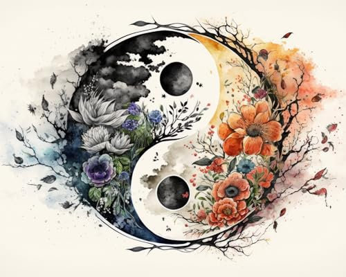 TISHIRON Yin Yang Malen nach Zahlen Erwachsene, Blumen Malen nach Zahlen, Malen nach Zahlen de Pinsel und Acrylfarbe, 16X20 Inch Keine Flammen Malen nach Zahlen Erwachsene Familie und Freundes