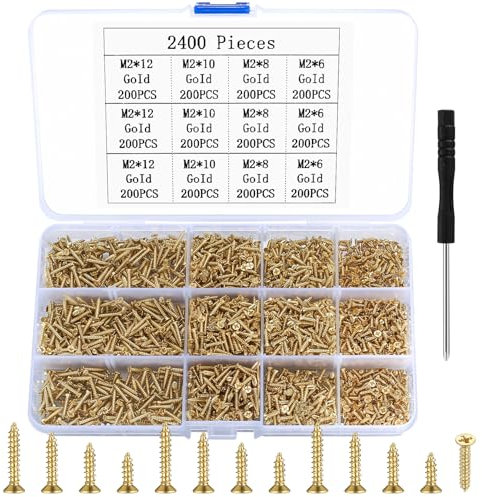 Piccole Viti Autofilettanti, 2400 Piccole Viti per Legno, Viti Phillips, Viti Autofilettanti a Testa Svasata Piatta per Elettronica Fai da Te Lavorazione del Legno - Oro