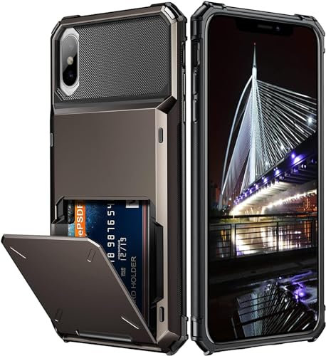 Draamvol for iPhone X Case iPhone XS Case with Card Holder Slots Armor Shockproof Flip Wallet Case Hard PU Back Soft TPU Inner Bumper Cover for iPhone X/iPhone XS Phone Case, Grey