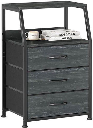 Nachttisch mit 3 Schubladen, Kommode, Beistelltisch, Stoff Nachttische, 2-Tier Holz Klein Nachtschrank, Mini Industrial Couchtisch Schwarz Aufbewahrungsschrank für Wohnzimmer, Schlafzimmer, Dunkelblau