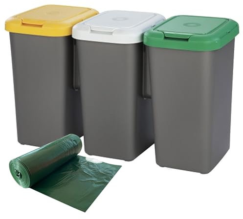 Set de Papelera de reciclaje con 3 compartimentos, 75 litros en total, dimensiones 79x33x48 cm, más rollo de bolsas de basura adecuados a cada depósito