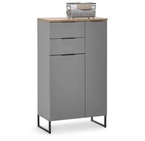 DENVER Badezimmer Kommode in Grau / Evoke Eiche Optik FSC-zertifiziert - Badezimmerschrank Bad Schrank mit viel Stauraum - 60 x 106 x 32 cm (B/H/T)