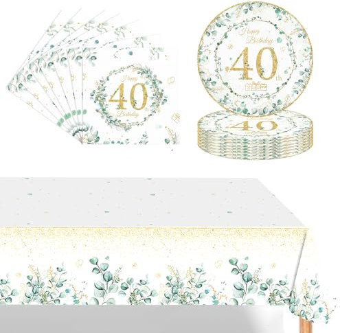 POPOYU 37Pcs Sage Green 40th Birthday Tableware Set,40th Birthday Plates and Napkins,40thBirthday Table Cloth,Eucalyptus Table Decorations for Men,Women,Him,Her 40thBirthday Gifts Party Supplies