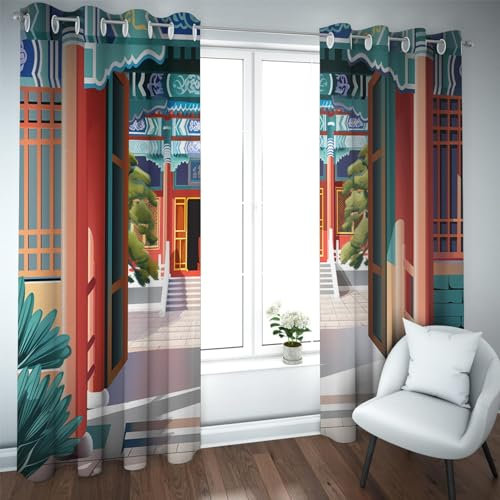 Deertweet Home Rideaux de fenêtre de Style Oriental Rideaux occultants à œillets de Style Chinois Vintage pour Chambre à Coucher Salon Rideaux de Porte coulissante 2 Panneaux H229xB168