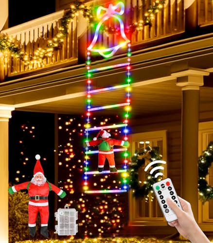 Luces Navidad Escalera - 2m LED Pilas Navidad Guirnalda Luces Exterior con Papá Noel y LED Escalera, 8 Modos Luz Luces de Navidad Decoracion con Control Remoto Exterior Interior para Habitacion,Jardín