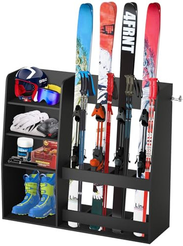 Ski Storage Rack Organizer Stand Holder Floor Mount Fits 4 Pairs of Skis and Multiple Skiing Equipment Accessories Great Gifts for Any Skill Level Skiers in Garage Shed Basement Indoor Outdoor