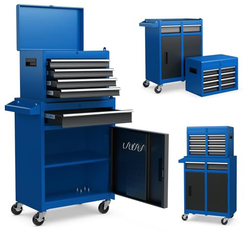 GYMAX Werkstattwagen mit 5 Schubladen, 2 in 1 Werkzeugschrank mit Haken, verstellbarem Regal & Universalrädern, Werkzeugwagen für Garage, Lager & Werkstatt (Schwarz+Blau)