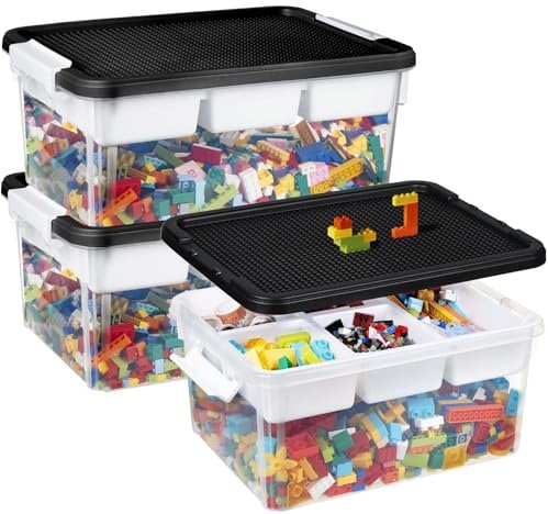 Greentainer 16L Storage Bins with Building Baseplate Lid & Removable Tray, 3 Pack Stackable Arts & Crafts Storage Boxes & Organizers for Organizing Bead, Tool, Sewing, Playdoh, Toys,Black
